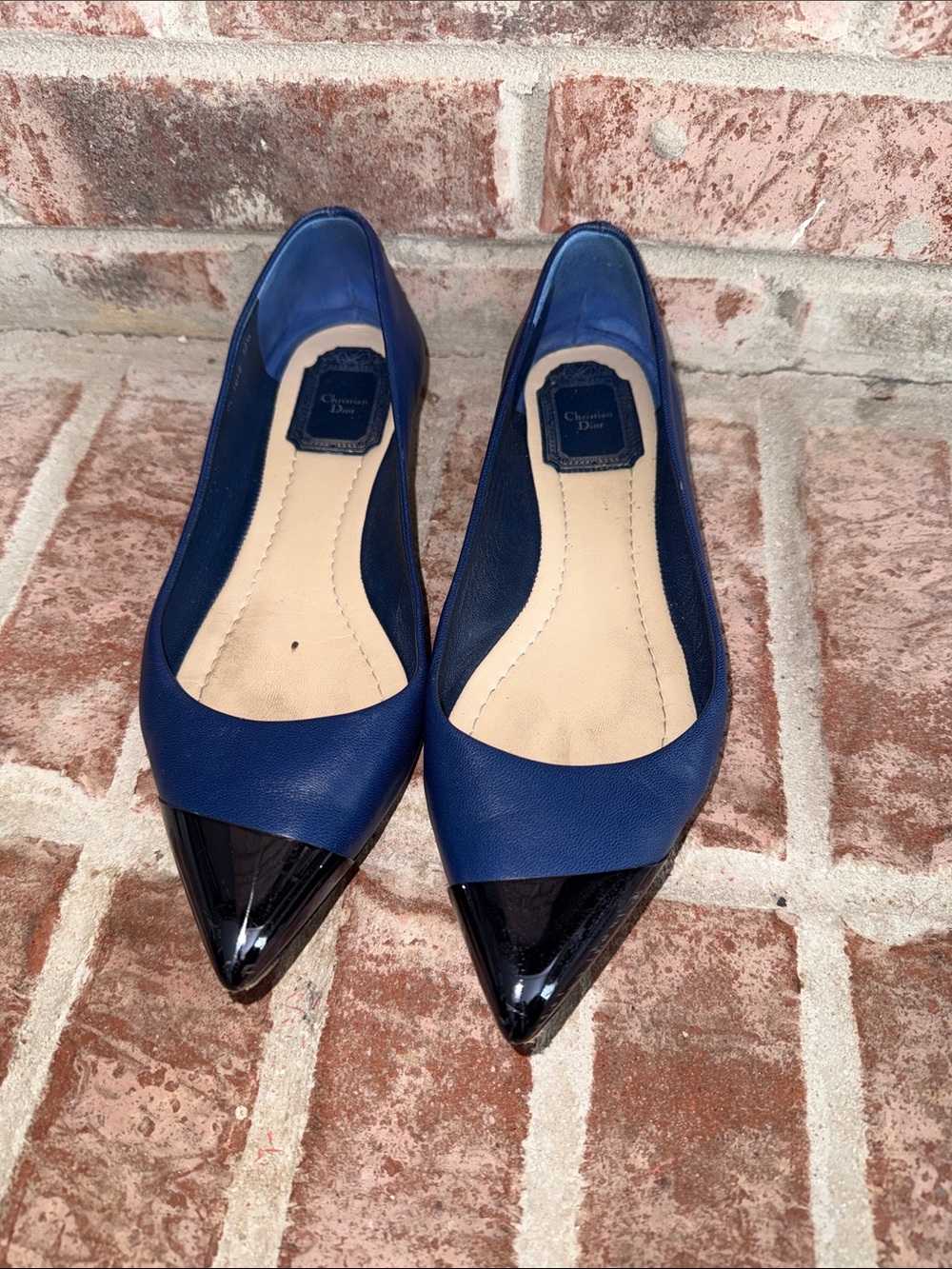Christian Dior Blue Leather Flats with Black Patent Pointed Toe size 37.5